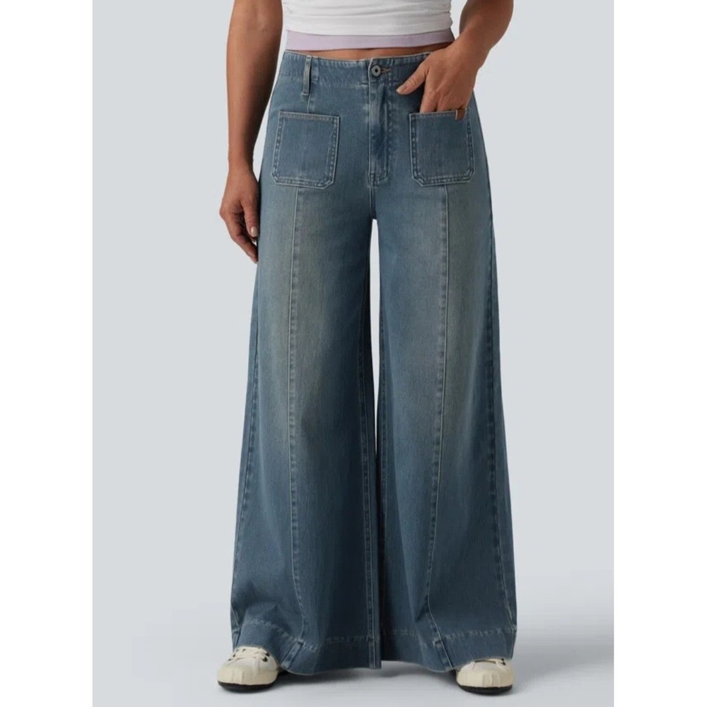NWT Halara Flex High Waisted Pockets Washed Casual Wide Leg Jeans Large Regular